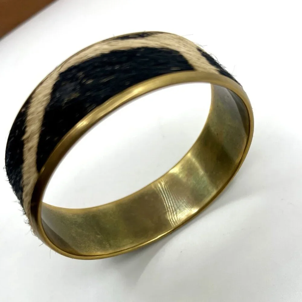 Cowhide Hair On Bangle Bracelet Gold Tone Brass Boho Western Zebra Safari Retro
